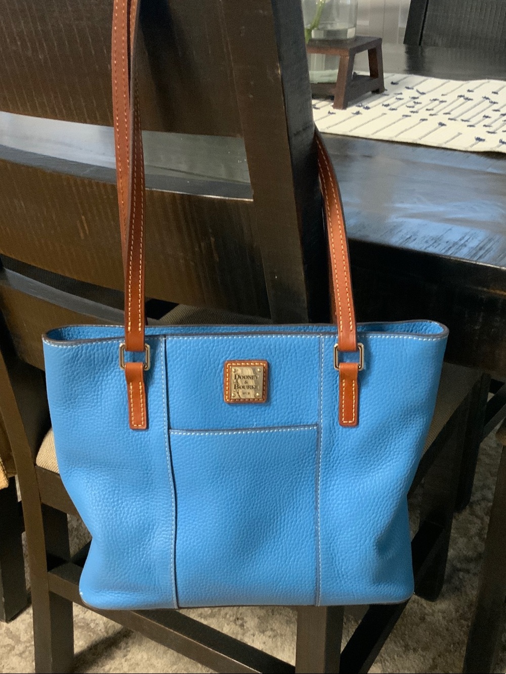 Dooney & Bourke Blue Pebbled Leather Tote with Brown Straps